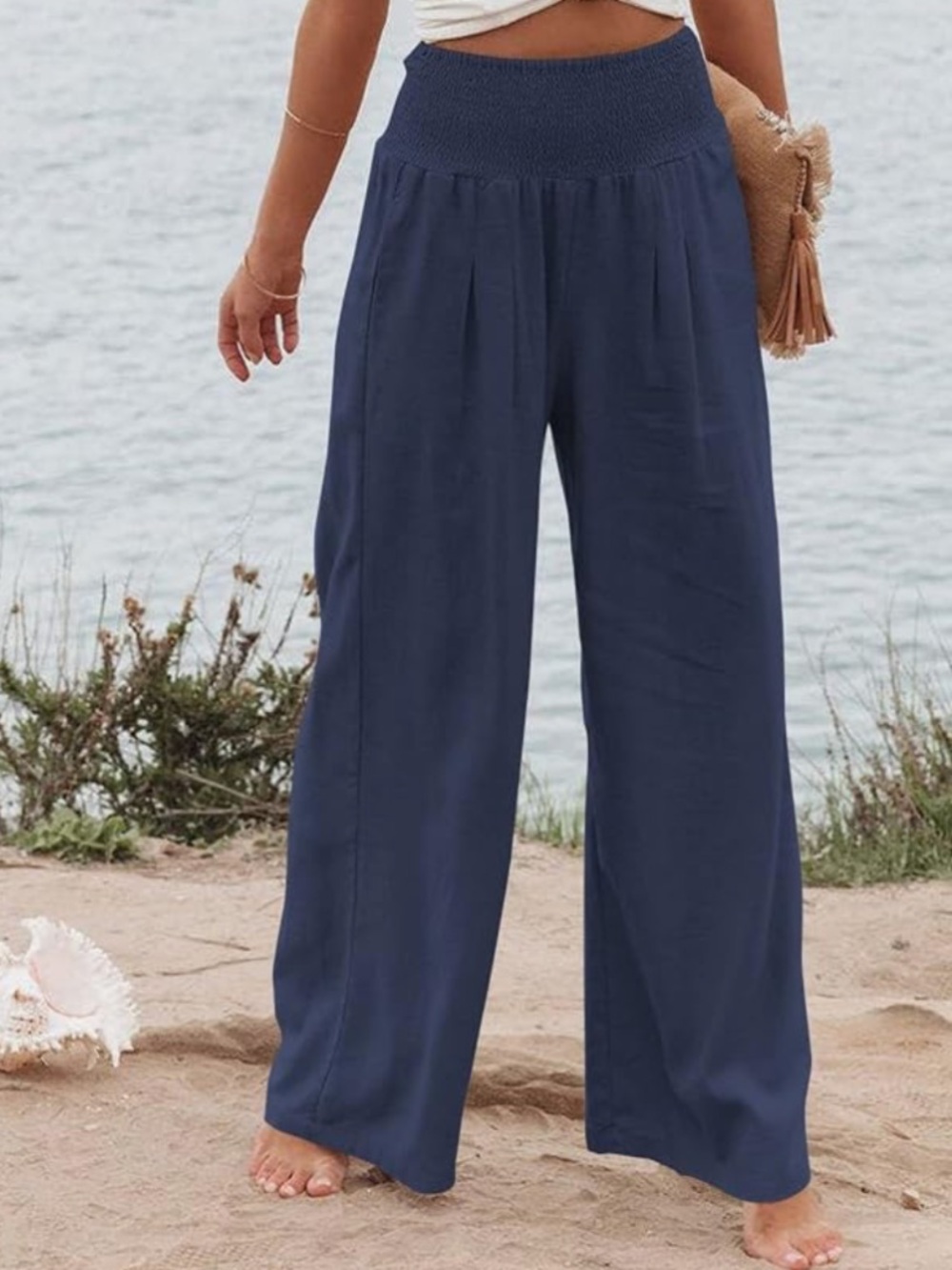 Amazon Wide-Leg Smocked Waist Pants - Navy Blue Pockets Pull On Size Large